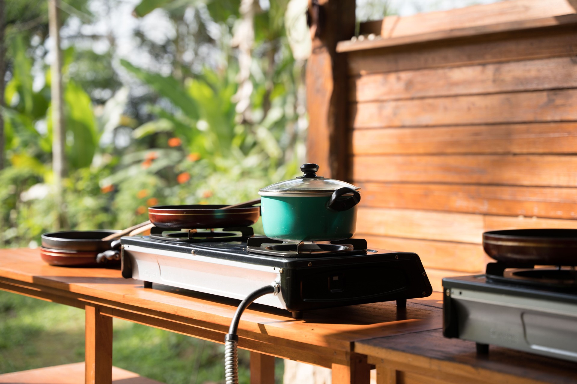 cooking stove on a bench in the jungle of Bali, Indonesia