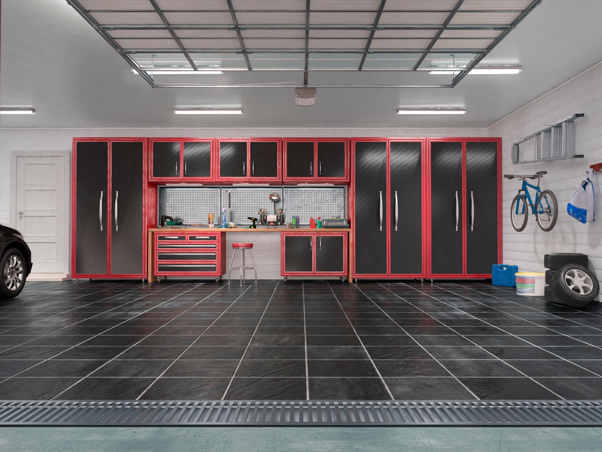 Garage with rolling gate interior. 3d illustration